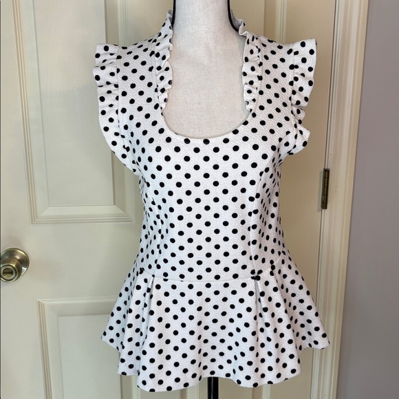 Anthropologie Tops - Anthropologie Postmark Polka Dot Peplum Ruffle Top White and Black size M